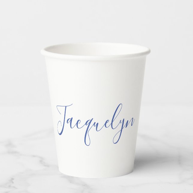 White Blue Plain Elegant Modern Calligraphy Name Paper Cups (Front)