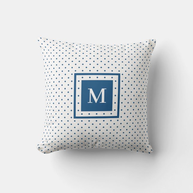 White Blue Polka Dot Pattern with Modern Monogram Cushion (Front)