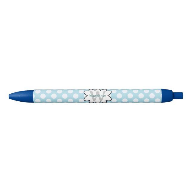 White Blue Polka Dots Black Ink Pen (Front)