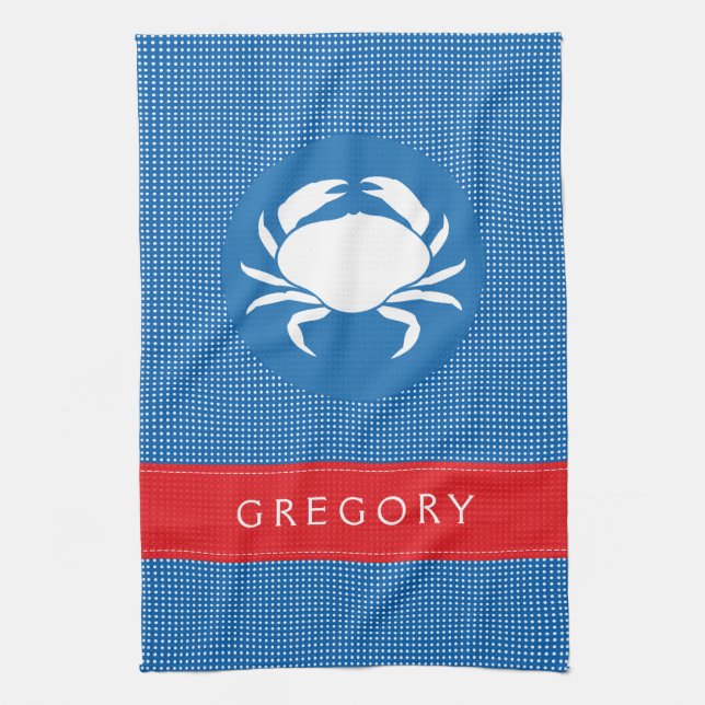 White & Blue Polkadot Cute Sea Crab Illustration Tea Towel (Vertical)