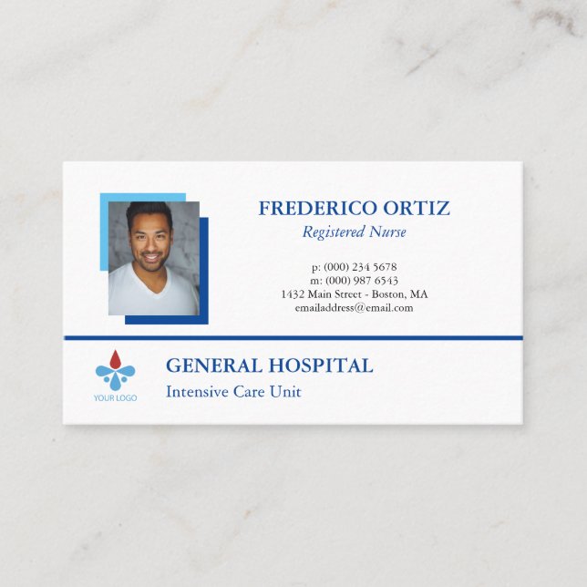 White Blue Profile Photo Your Logo Hospital Business Card (Front)
