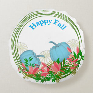 White Blue Pumpkins Fall Wreath Greenery Floral  Round Cushion