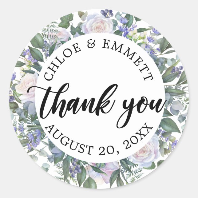 White Blue Purple Floral Wedding Favour Classic Round Sticker (Front)
