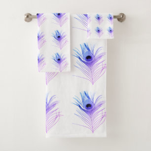 WHITE BLUE PURPLE PEACOCK FEATHER TOWEL SET