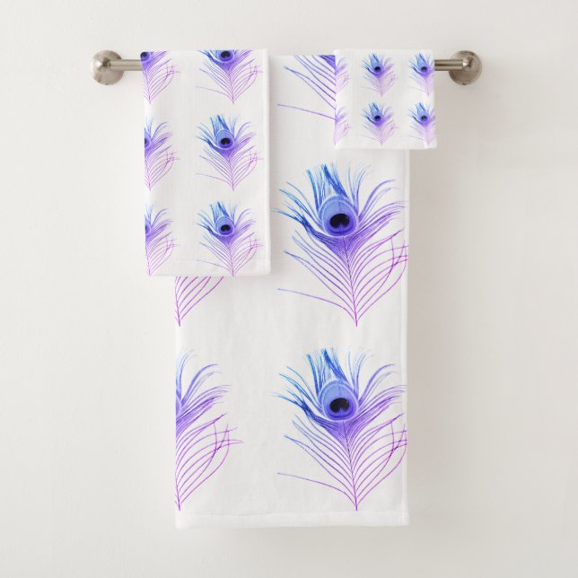 WHITE BLUE PURPLE PEACOCK FEATHER TOWEL SET (Insitu)
