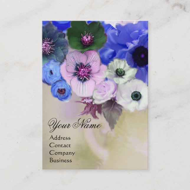 WHITE BLUE ROSES AND ANEMONE FLOWERS MONOGRAM BUSINESS CARD (Front)