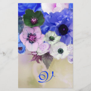 WHITE BLUE ROSES AND ANEMONE FLOWERS MONOGRAM STATIONERY