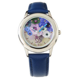WHITE BLUE ROSES,ANEMONE FLOWERS MONOGRAM WATCH