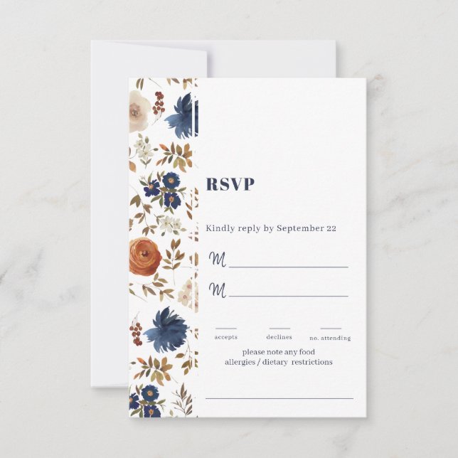 White Blue Rust French Country Floral Wedding RSVP Card (Front)