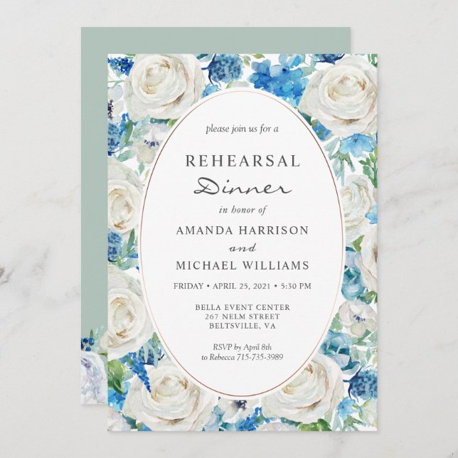 White Blue Sage Green Floral Rehearsal Dinner Invitation (Front/Back)