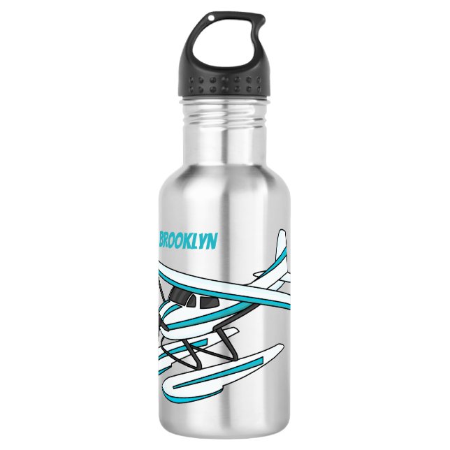 White blue seaplane illustration 532 ml water bottle (Front)