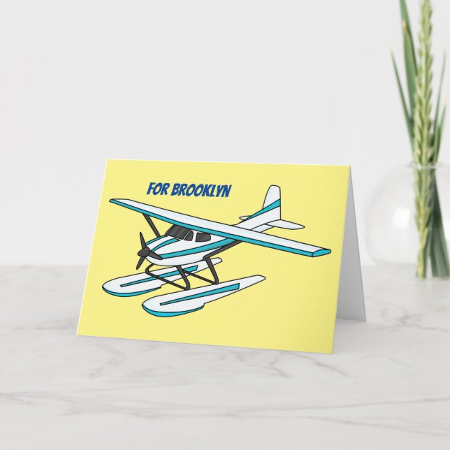 White blue seaplane illustration card (Front)