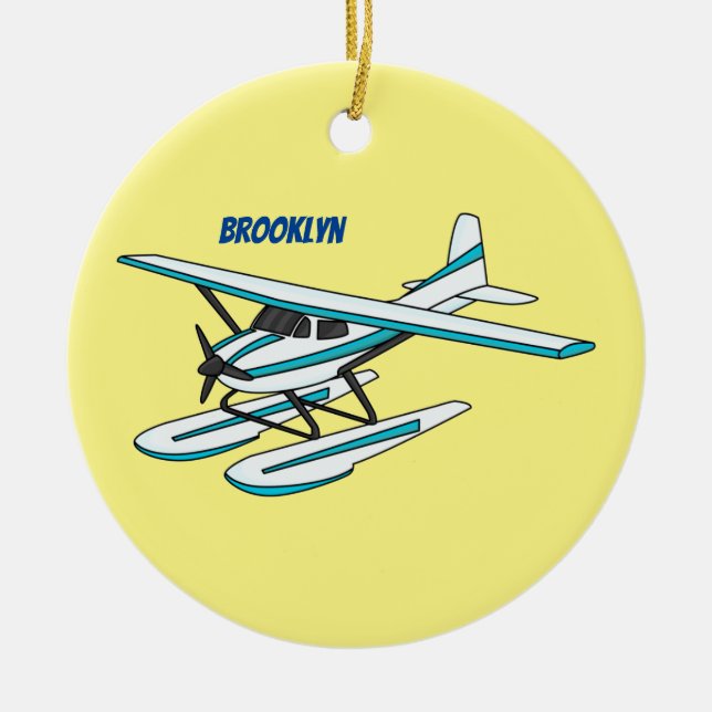 White blue seaplane illustration ceramic tree decoration (Front)