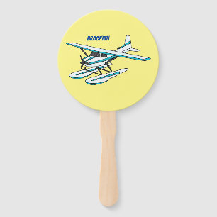 White blue seaplane illustration hand fan