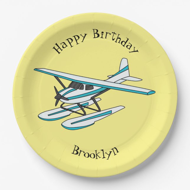 White blue seaplane illustration  paper plate (Front)