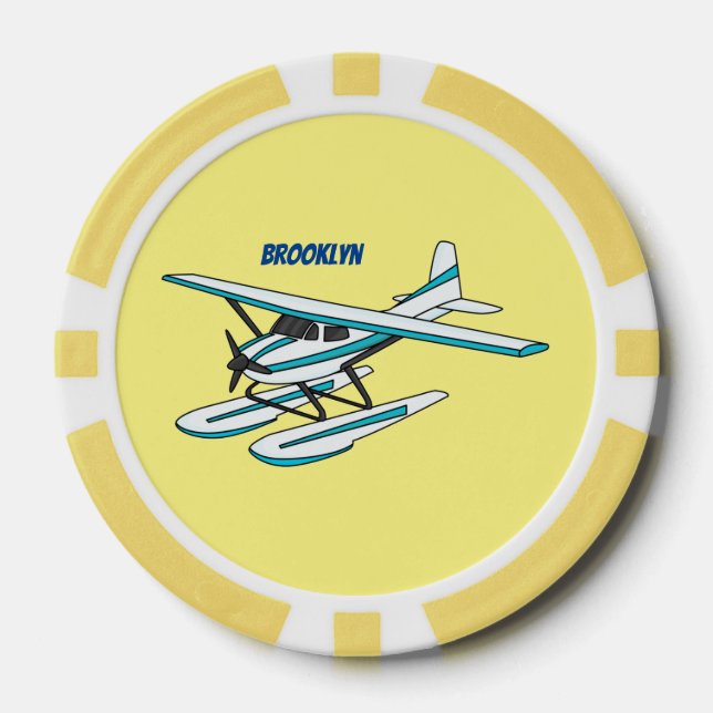 White blue seaplane illustration poker chips (Front)