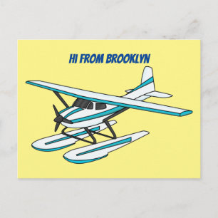 White blue seaplane illustration postcard