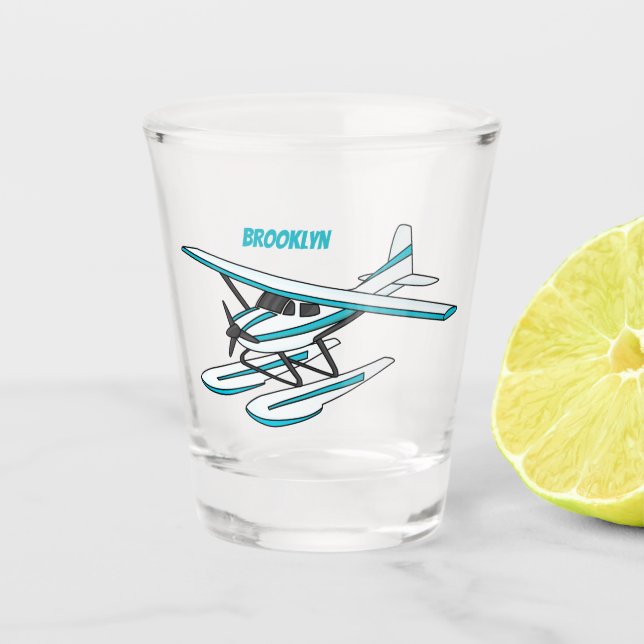 White blue seaplane illustration shot glass (Front)