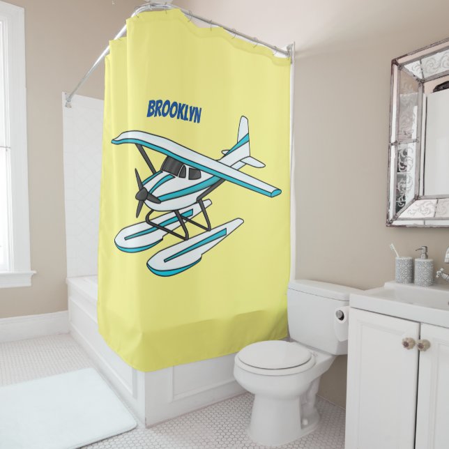 White blue seaplane illustration shower curtain (In Situ)