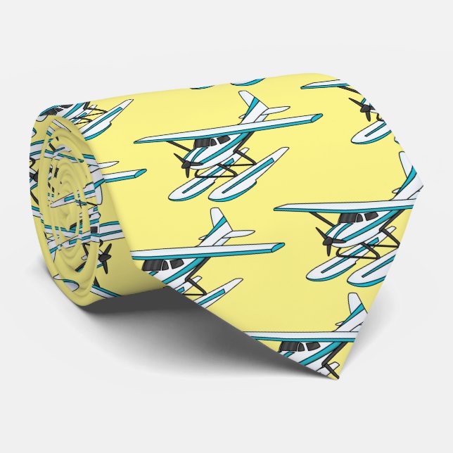 White blue seaplane illustration tie (Rolled)