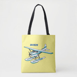 White blue seaplane illustration tote bag