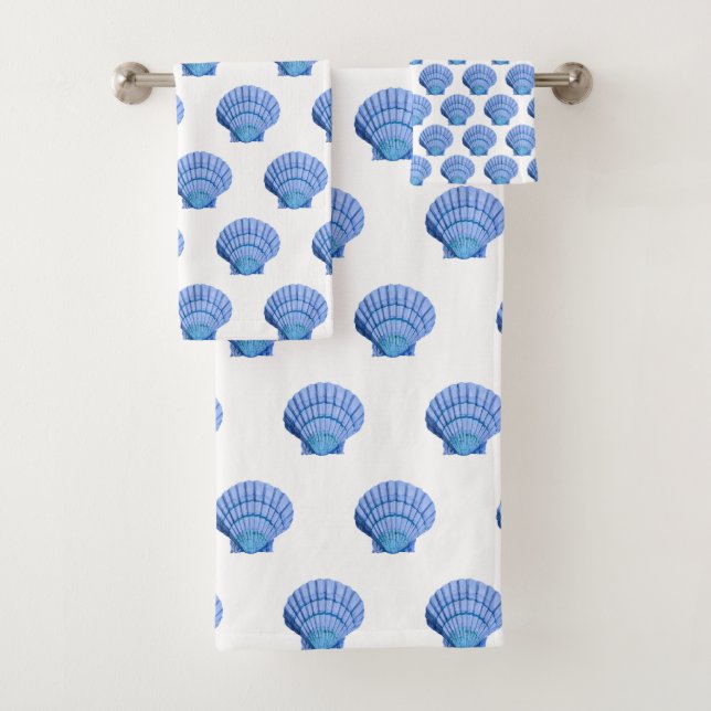 WHITE BLUE SEASHELL BATHROOM TOWEL SET (Insitu)