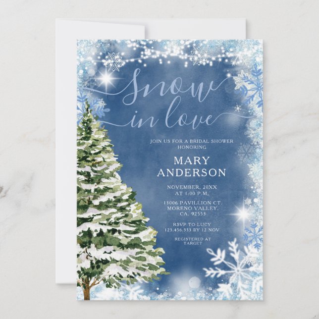 White Blue Snow in Love Evergreen Bridal Shower Invitation (Front)