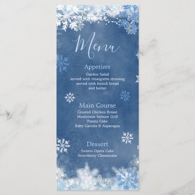 White Blue Snow in Love Snowflake Bridal Shower Menu (Front)