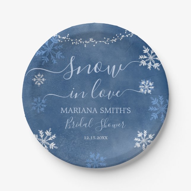White Blue Snow in Love Snowflake Bridal Shower Paper Plate (Front)