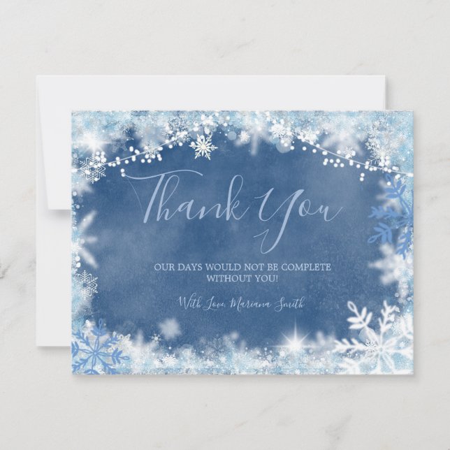 White Blue Snow in Love Snowflake Bridal Shower Thank You Card (Front)