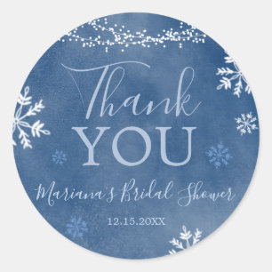 White Blue Snow in Love Snowflake Bridal Thank You Classic Round Sticker