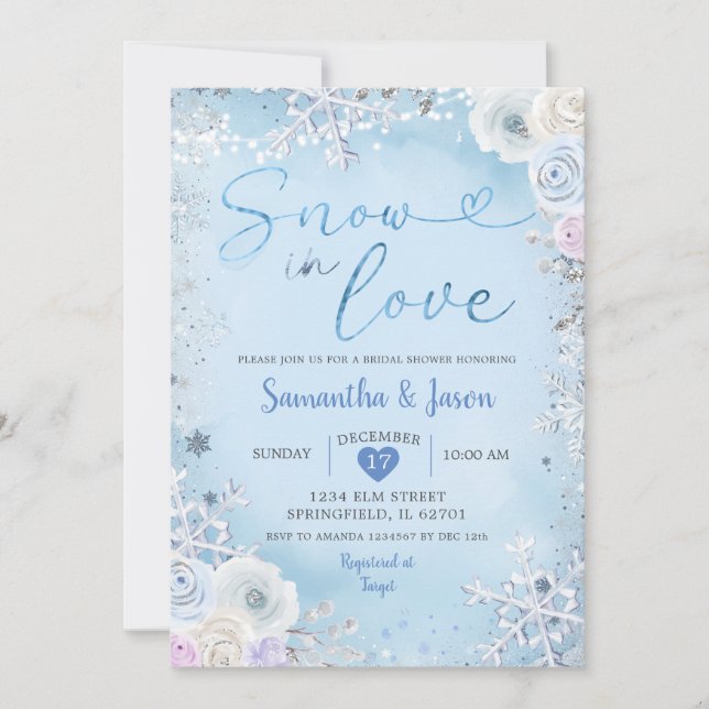 White Blue Snow in Love Winter Bridal Shower Invitation (Front)