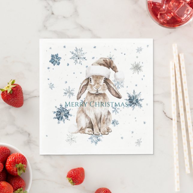 White Blue Snowflakes Christmas Bunny Napkin (Insitu)