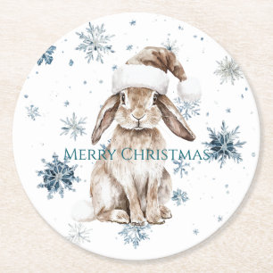 White Blue Snowflakes Christmas Bunny Round Paper Coaster
