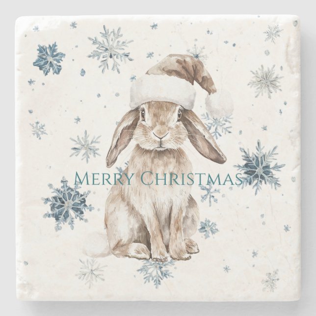 White Blue Snowflakes Christmas Bunny Stone Coaster (Front)
