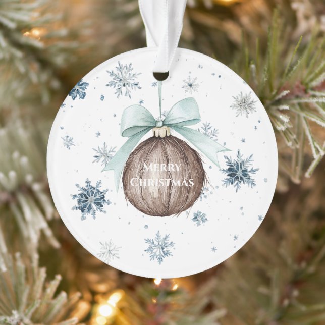 White Blue Snowflakes Christmas Coconut Bow Ornament (Tree)