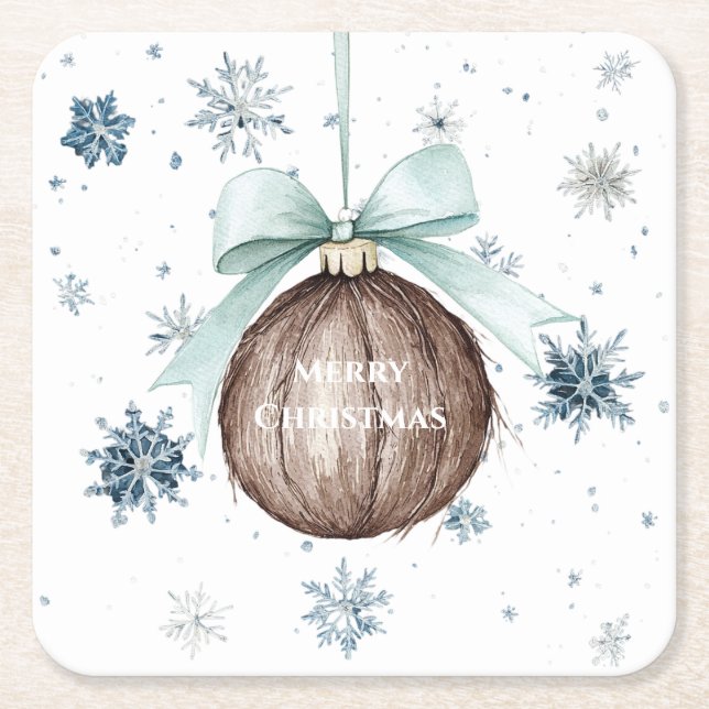 White Blue Snowflakes Christmas Coconut Bow Square Paper Coaster (Front)