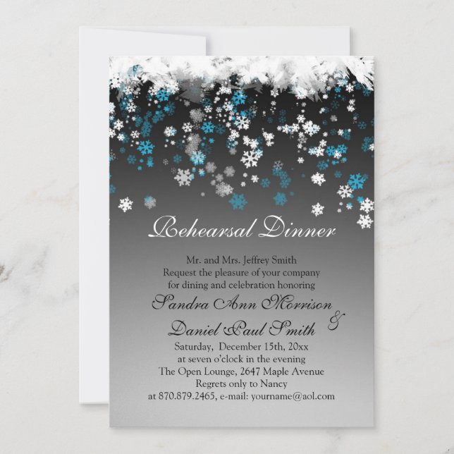 White, blue snowflakes on a black Rehearsal Dinner Invitation (Front)