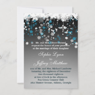 White, blue snowflakes on black Wedding Invitation