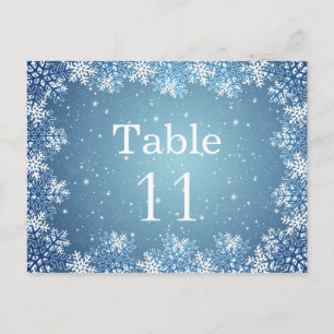 White blue snowflakes wedding table number card