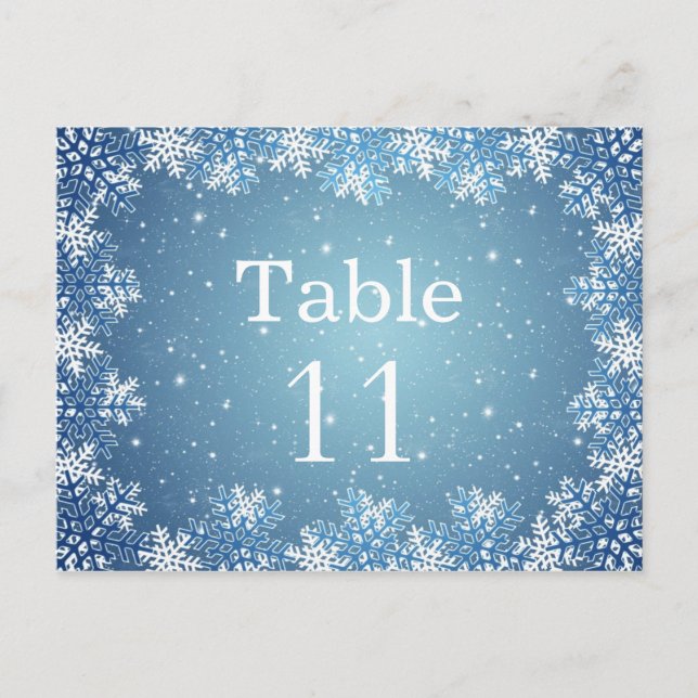 White blue snowflakes wedding table number card (Front)