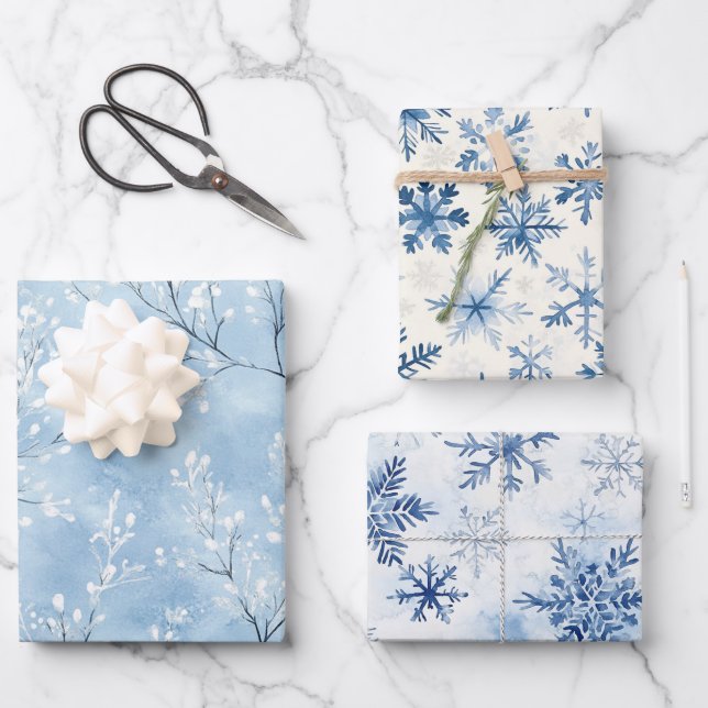 White Blue Snowflakes Winter Christmas Wrapping Paper Sheet (Front)