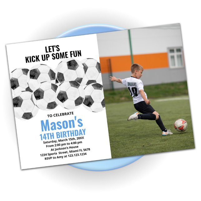 White Blue Soccer Birthday Invitations with photo (Creator Uploaded)