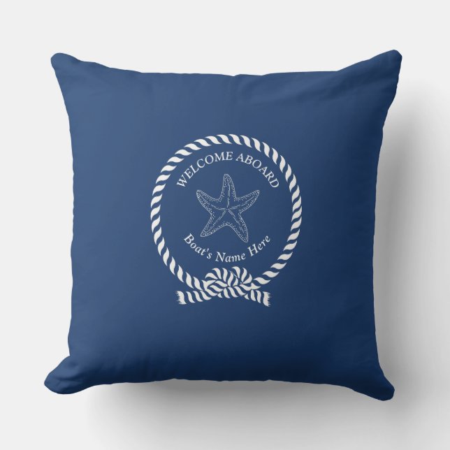 White Blue Starfish Nautical Solid Navy Blue Boat  Cushion (Front)