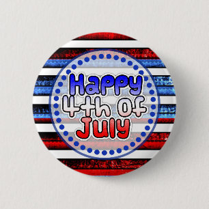 White Blue Striped Happy 4th of July Button