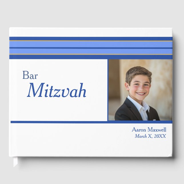 White Blue Striped Photo Bar Mitzvah Guest Book (Front)