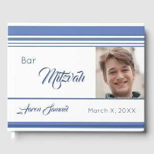 White Blue Striped Photo Bar Mitzvah Guest Book