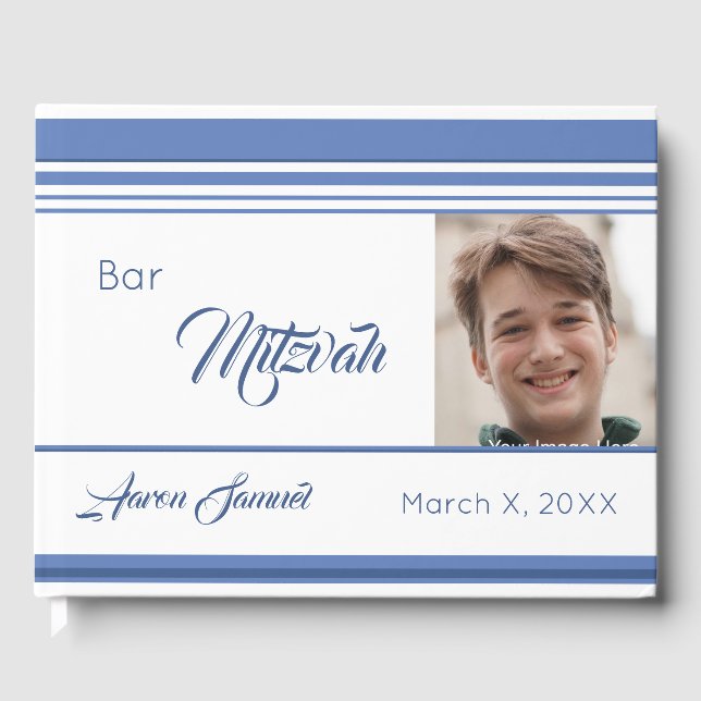 White Blue Striped Photo Bar Mitzvah Guest Book (Front)