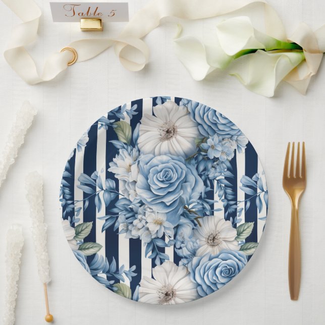White Blue Stripes Floral Bridal Shower Paper Plate (Wedding)