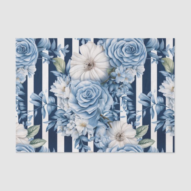 White Blue Stripes Floral Bridal Shower Tissue Paper (Front)